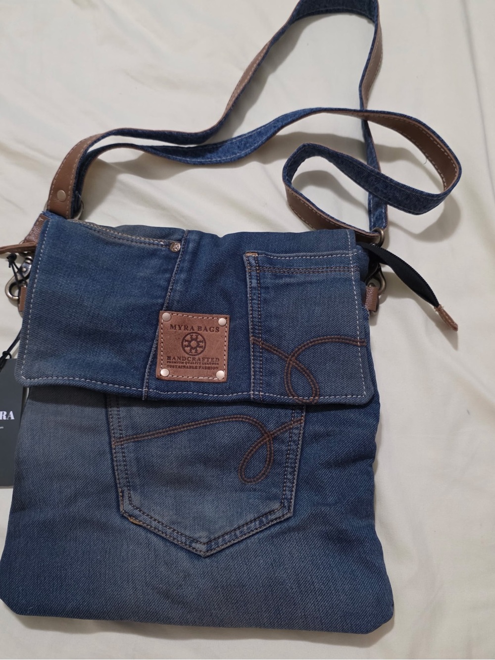 Myra Bag Denim Crossbody with Brown Trim